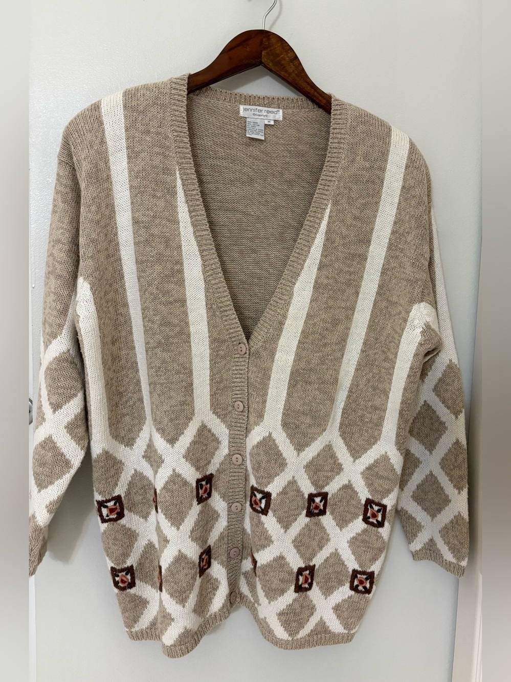 Jennifer Reed VTG Cotton Blend Beige & White Geometric Button-Up Cardigan Size:M